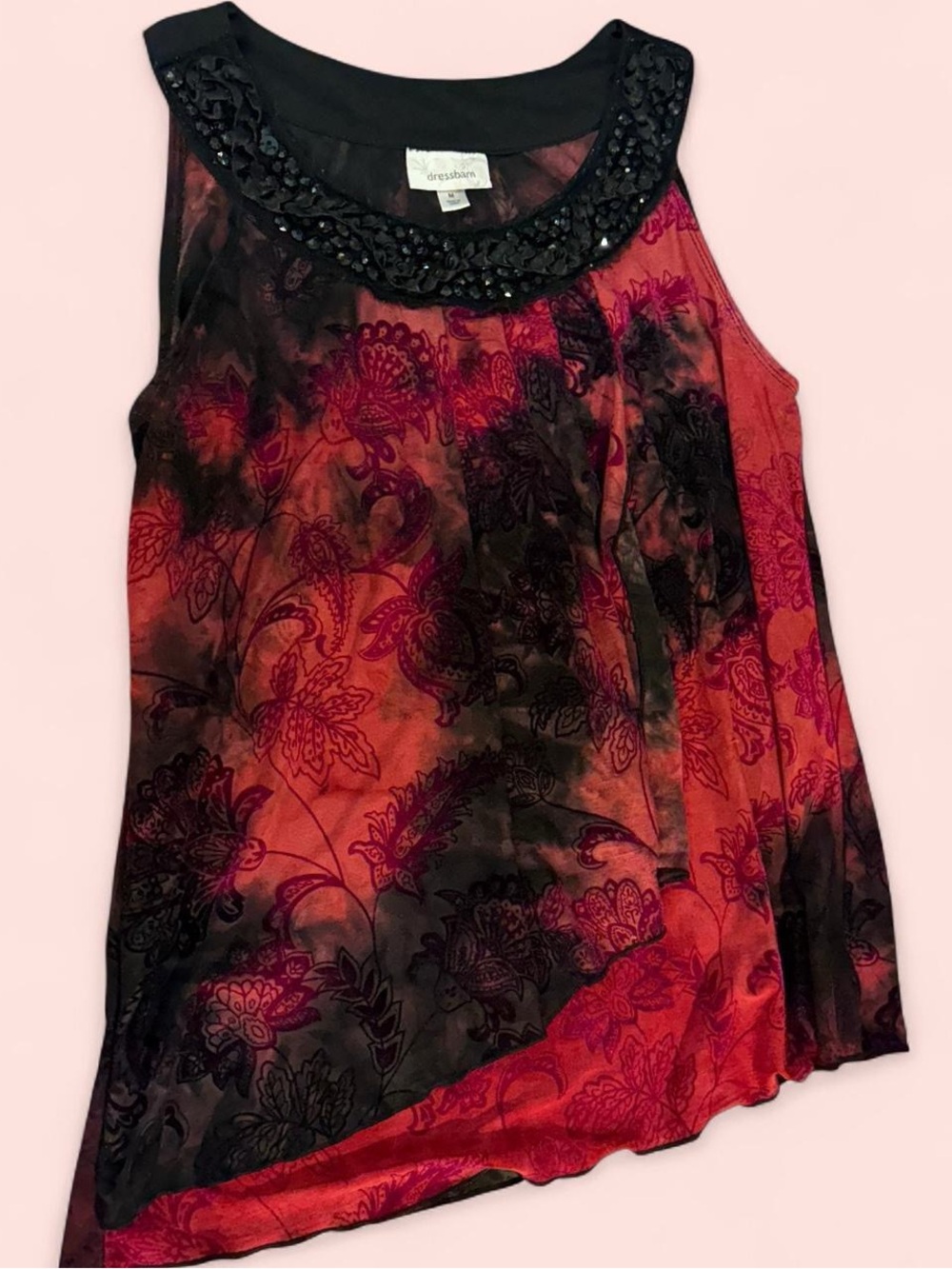 dressbarn Red and Black Floral Beaded-Neck Camisole